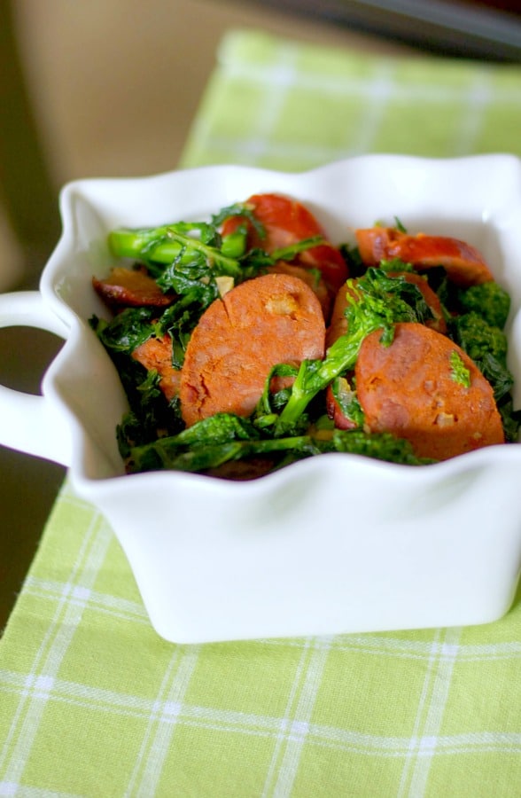 Broccoli Rabe, otherwise known as rapini, sautéed with Portuguese chorizo, garlic and Extra Virgin Olive Oil makes a tasty side dish or main meal. 