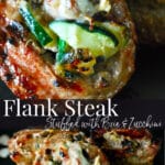 Grilled flank steak stuffed with zucchini, Brie cheese, mushrooms and rosemary. 