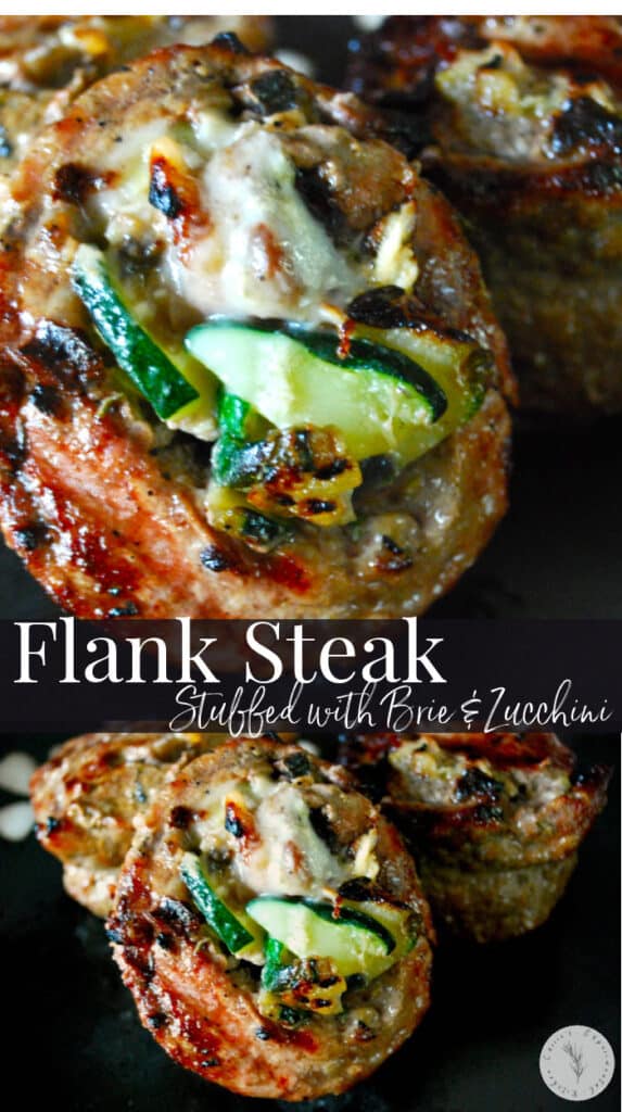 Grilled flank steak stuffed with zucchini, Brie cheese, mushrooms and rosemary. 