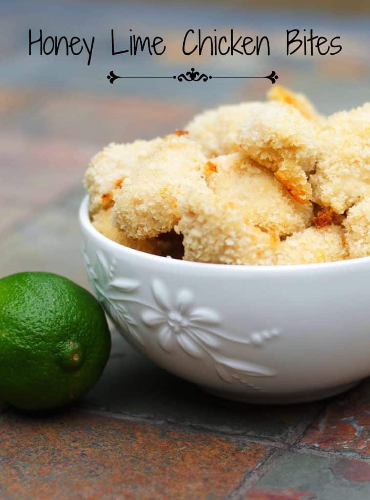 Boneless chicken breasts dipped in a mixture of honey and lime juice; then coated with breadcrumbs and baked until golden brown. 