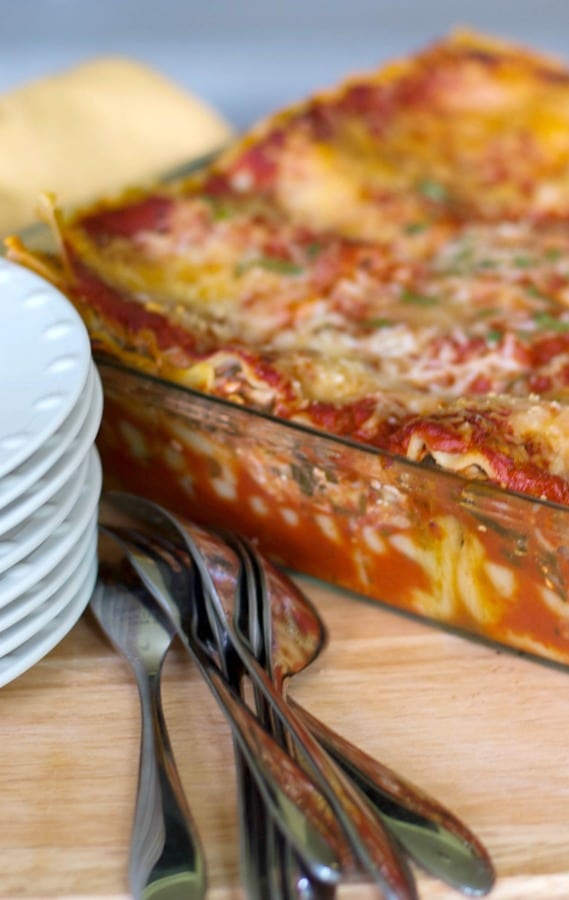 Low Fat Vegetable Lasagna made with reduced fat cottage and mozzarella cheeses, zucchini, spinach, carrots and crushed tomatoes.