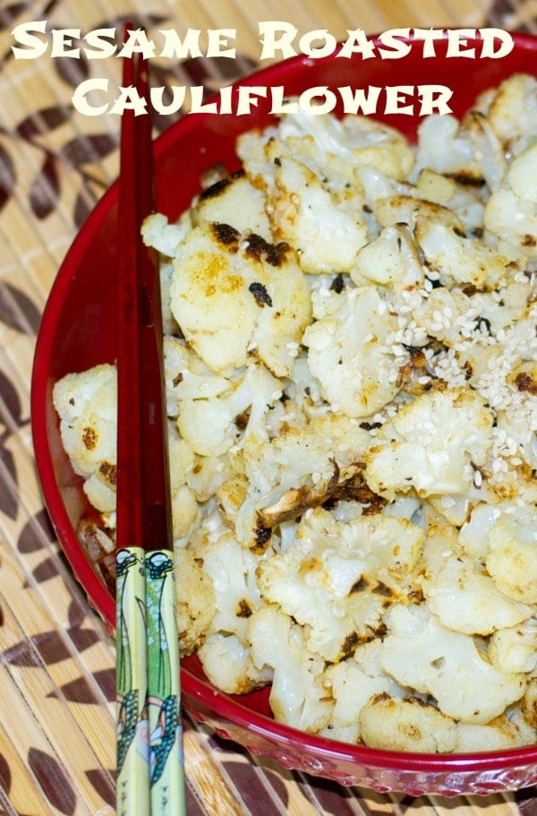 Cauliflower tossed with sesame oil, garlic, Kosher salt and fresh ground pepper; then roasted until golden brown. 