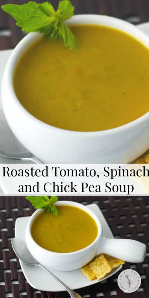 Vegetarian Roasted Tomato, Spinach and Chick Pea Soup made with roasted tomatoes, fresh spinach and chick peas is so creamy and delicious.
