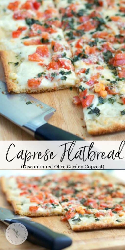 Make this Olive Garden favorite appetizer, Caprese Flatbread made with fresh tomatoes, basil and mozzarella cheese at home. Perfect for pizza night too.