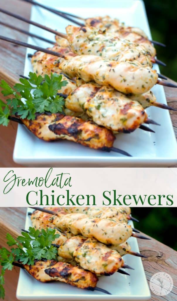 Gremolata Chicken Skewers marinated in lemon juice, garlic, fresh parsley and olive oil; then grilled make a tasty, light weeknight meal. 