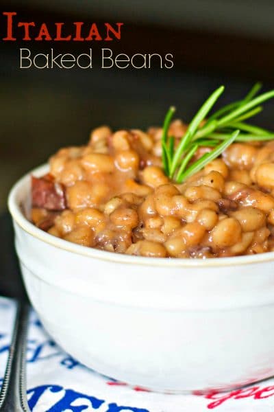 Italian Baked Beans made with white beans, turkey bacon, rosemary, crushed tomatoes, Italian dry red wine and Asiago and Pecorino Romano cheeses.