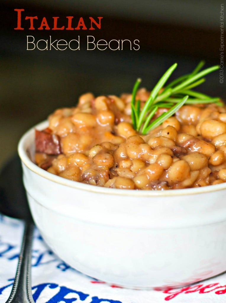 Italian Baked Beans made with white beans, turkey bacon, rosemary, crushed tomatoes, Italian dry red wine and Asiago and Pecorino Romano cheeses.