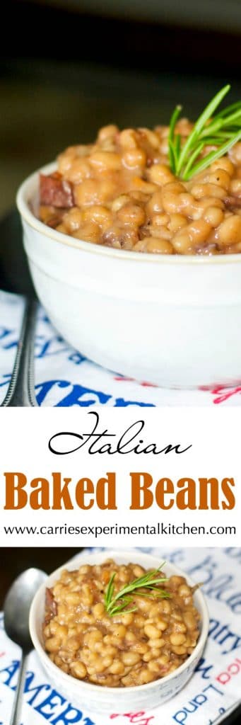 Italian Baked Beans made with white beans, turkey bacon, rosemary, crushed tomatoes, Italian dry red wine and Asiago and Pecorino Romano cheeses.