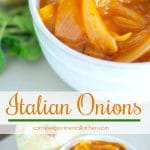 These Italian Onions simmered in a tomato based sauce with oregano make the perfect topping for grilled hamburgers and hot dogs.