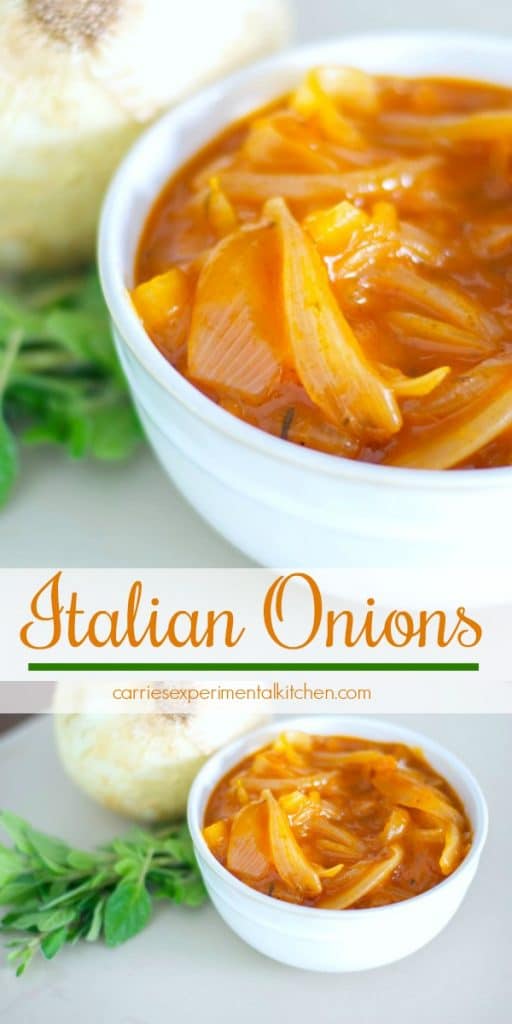 These Italian Onions simmered in a tomato based sauce with oregano make the perfect topping for grilled hamburgers and hot dogs.