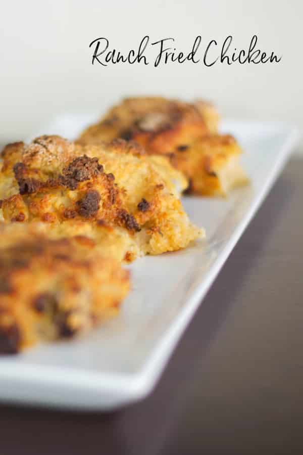 Chicken thighs soaked in buttermilk, dipped in a mixture of flour, Ranch seasoning and spiced; then baked until a crispy, golden brown. 