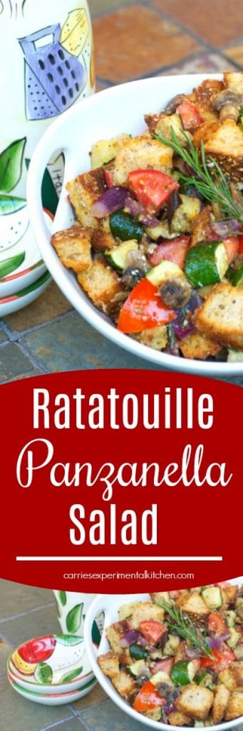 A collage photo of ratatouille panzanella salad