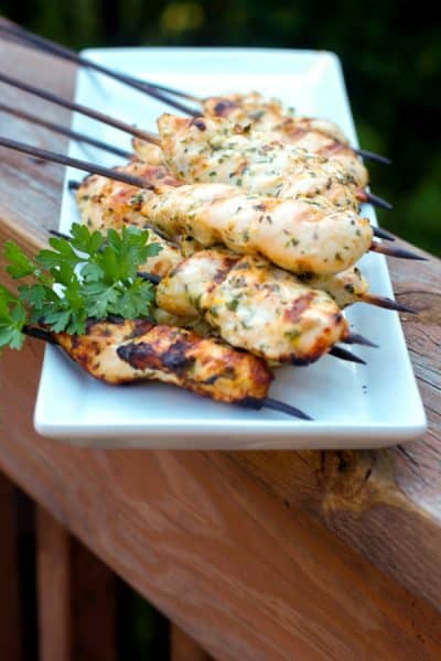 Gremolata Chicken Skewers marinated in lemon juice, garlic, fresh parsley and olive oil; then grilled make a tasty, light weeknight meal. 