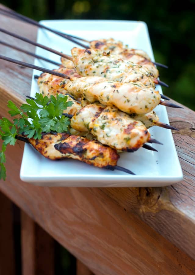 Gremolata Chicken Skewers marinated in lemon juice, garlic, fresh parsley and olive oil; then grilled make a tasty, light weeknight meal. 