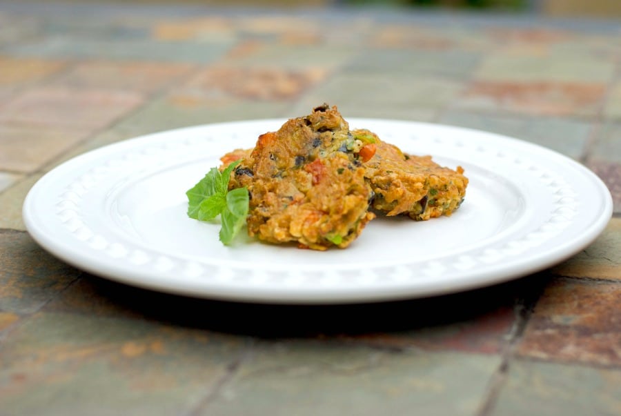 Eggplant Fritters on a white plate. 