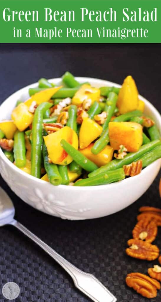 Green Bean and Peach Salad in a white bowl. 