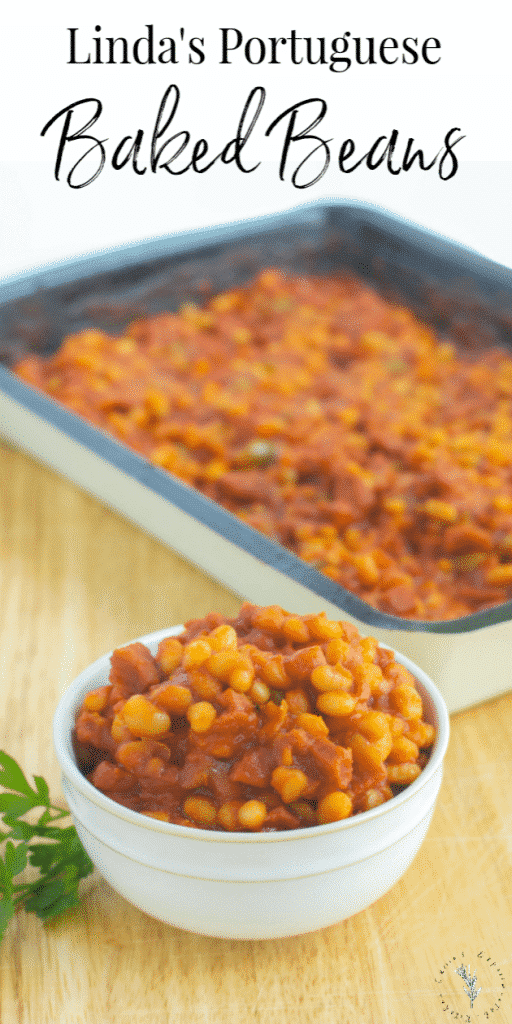Linda's Portuguese Baked Beans made with Navy beans, Portuguese chorizo, peppers, garlic in a tomato-based sauce.