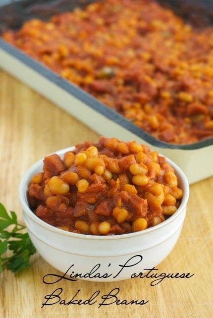 Portuguese Baked Beans in a to-go casserole dish. 