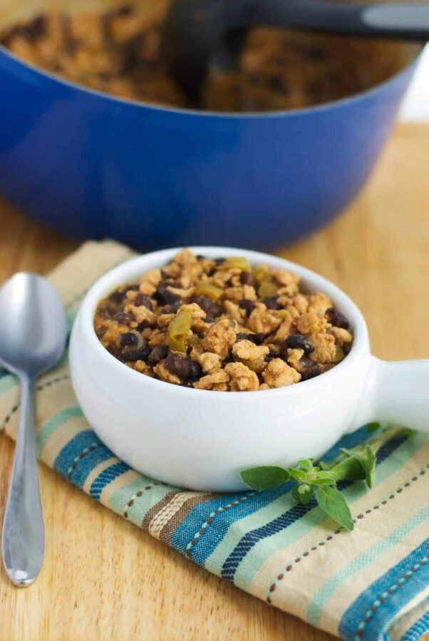 Black Bean & Turkey Chili made with lean ground turkey; then slowly simmered with spices and black beans.