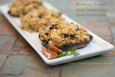 A close up of blueberry pecan quinoa stuffed portobello mushrooms.