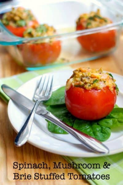 Vine ripened tomatoes stuffed with fresh spinach, mushrooms and Brie cheese.