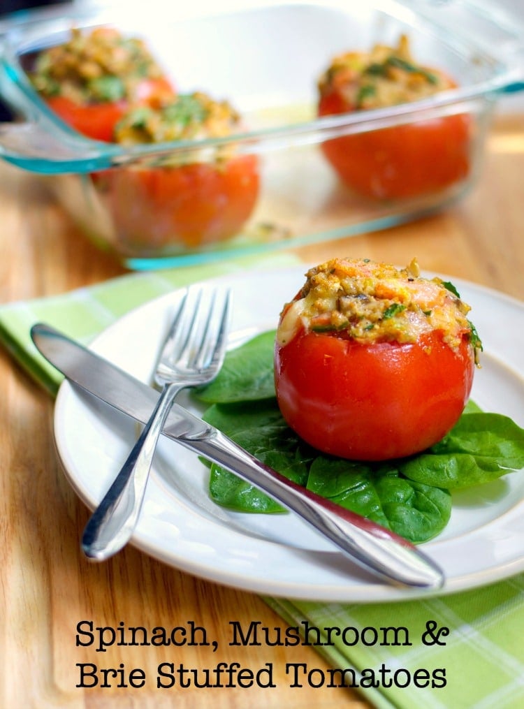 Vine ripened tomatoes stuffed with fresh spinach, mushrooms and Brie cheese. 