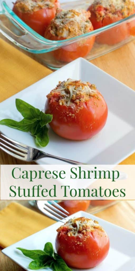 Fresh garden tomatoes stuffed Caprese style with shrimp, garlic, basil, mozzarella cheese and Italian breadcrumbs; then baked until golden brown.