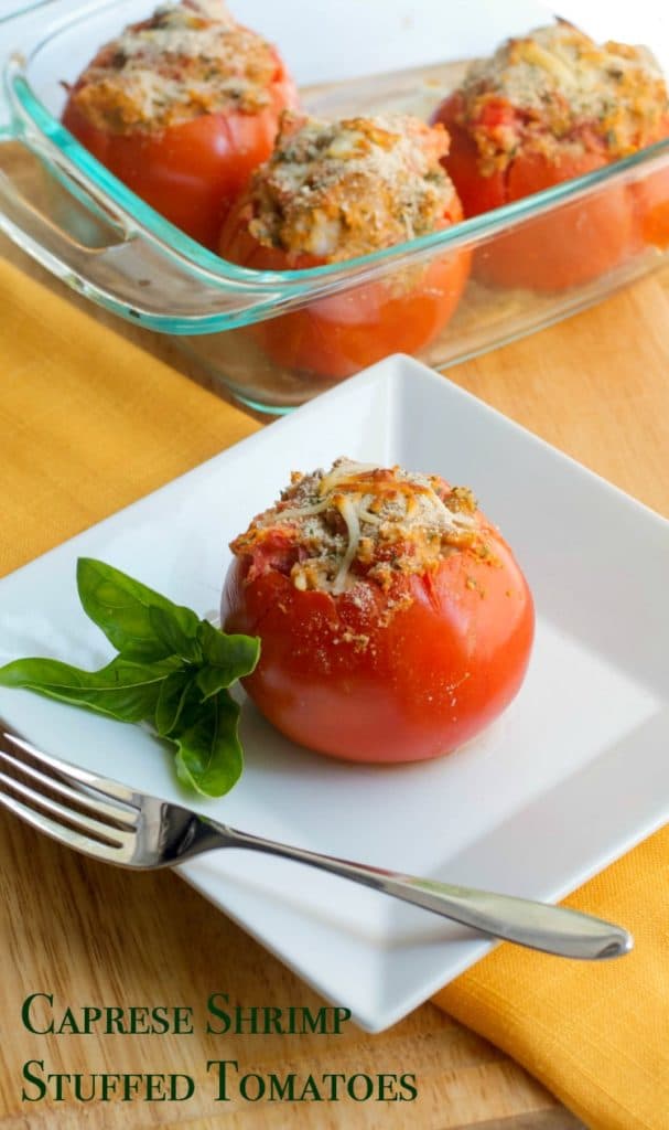 Fresh garden tomatoes stuffed with shrimp, garlic, basil, mozzarella cheese and Italian breadcrumbs; then baked until golden brown. 