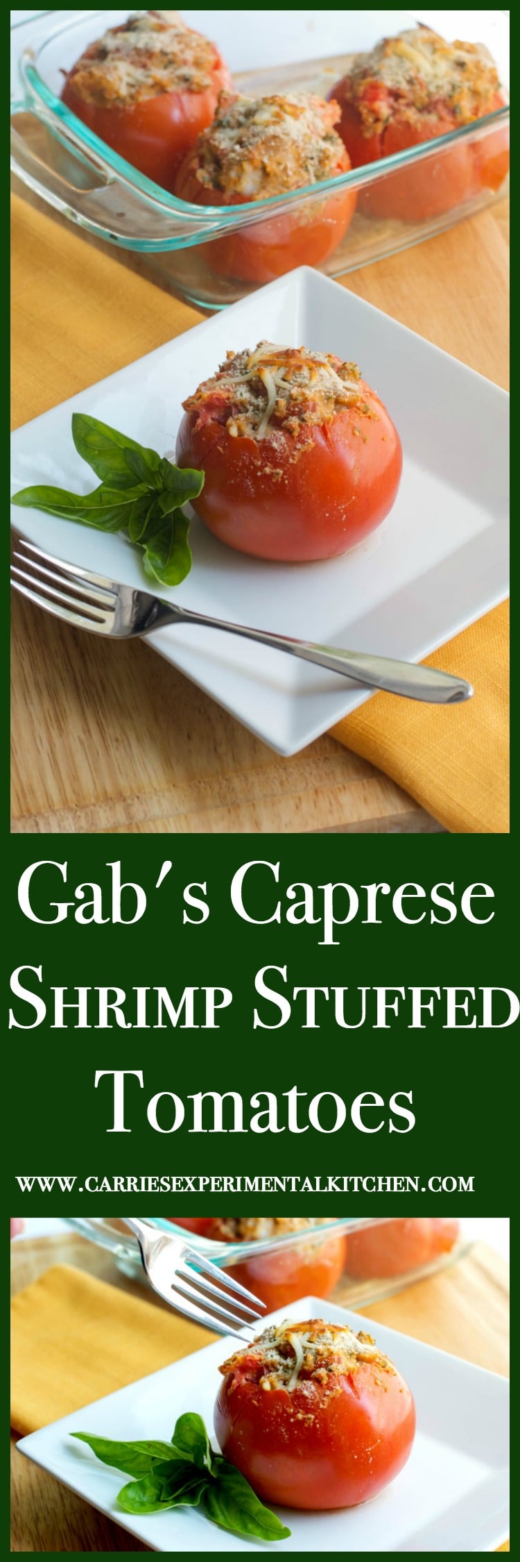 Fresh garden tomatoes stuffed with shrimp, garlic, basil, mozzarella cheese and Italian breadcrumbs; then baked until golden brown.