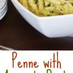 A close up of penne with avocado pesto