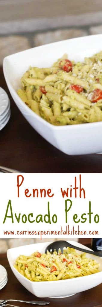 A close up of penne with avocado pesto