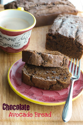 Two slices of Chocolate Avocado Bread  on a plate with a cup of coffee.