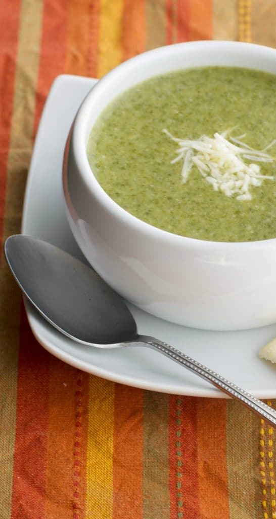 A closeup of Spinach Artichoke Soup in a bowl.