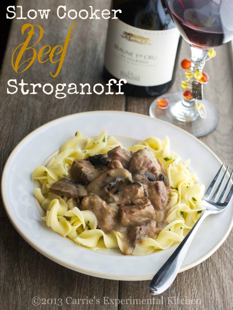 Tender beef cubes slowly simmered in a slow cooker with mushrooms, garlic, fresh herbs in a thick, red wine brown gravy. 