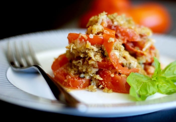 A close up of tomato gratin on a plate. 