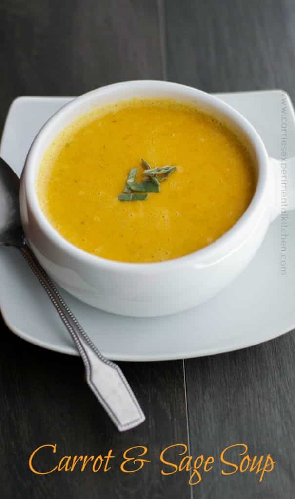 A bowl of soup on a table, with Carrot and Sage soup