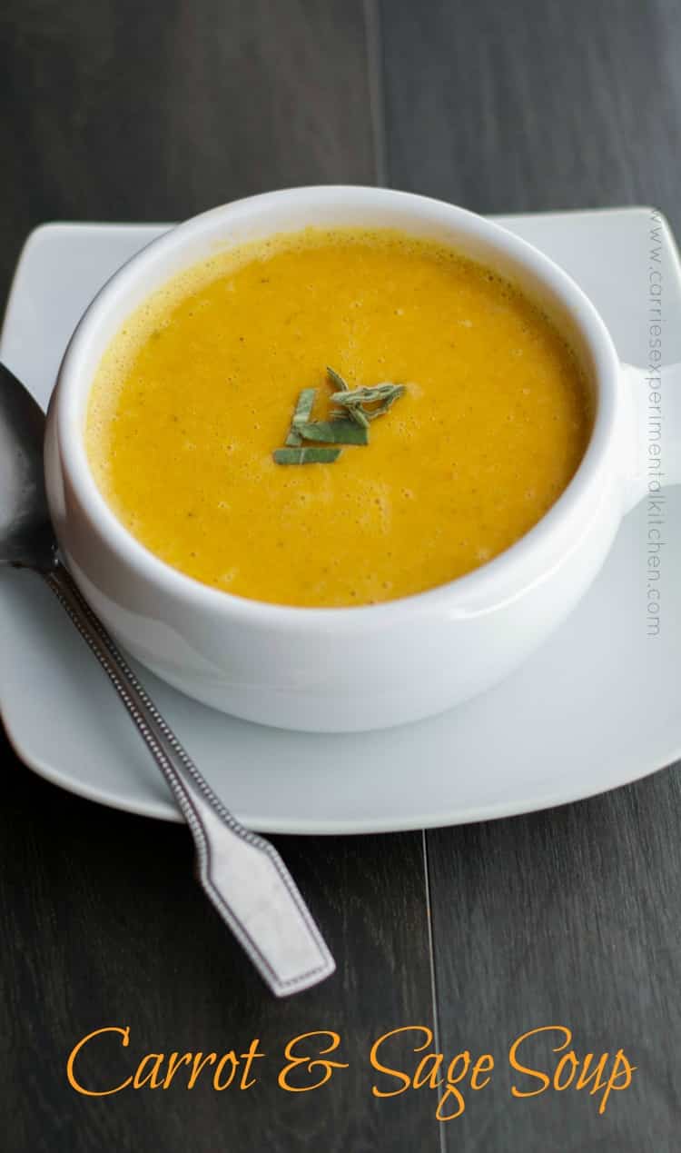 Carrot and Sage Soup in a white bowl. 