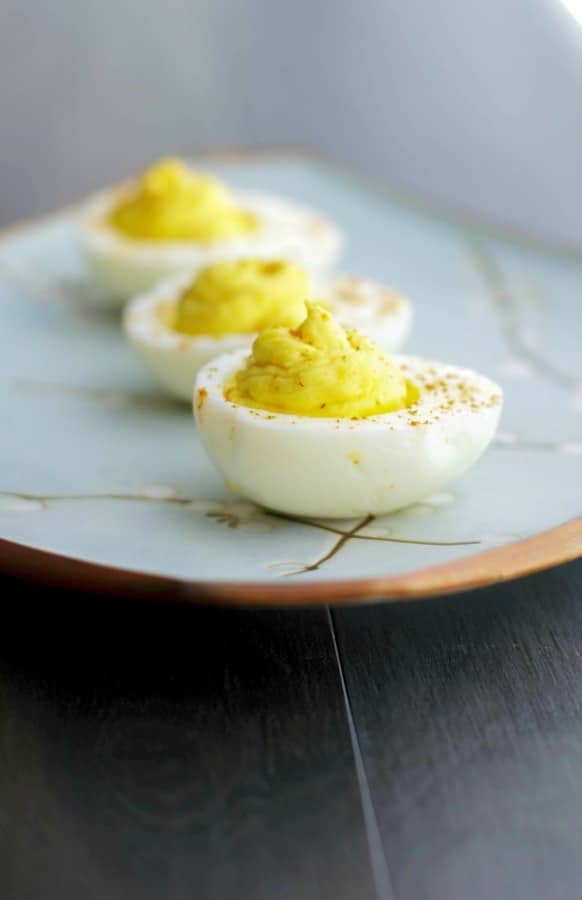 Deviled Eggs made with wasabi paste and horseradish are sure please those that love a little heat in their food. 