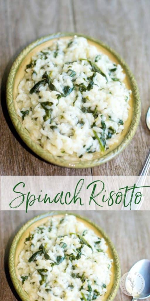 A collage photo of Spinach Risotto on a table. 