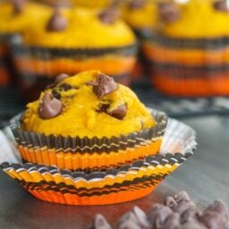 A close up of chocolate chip pumpkin muffin