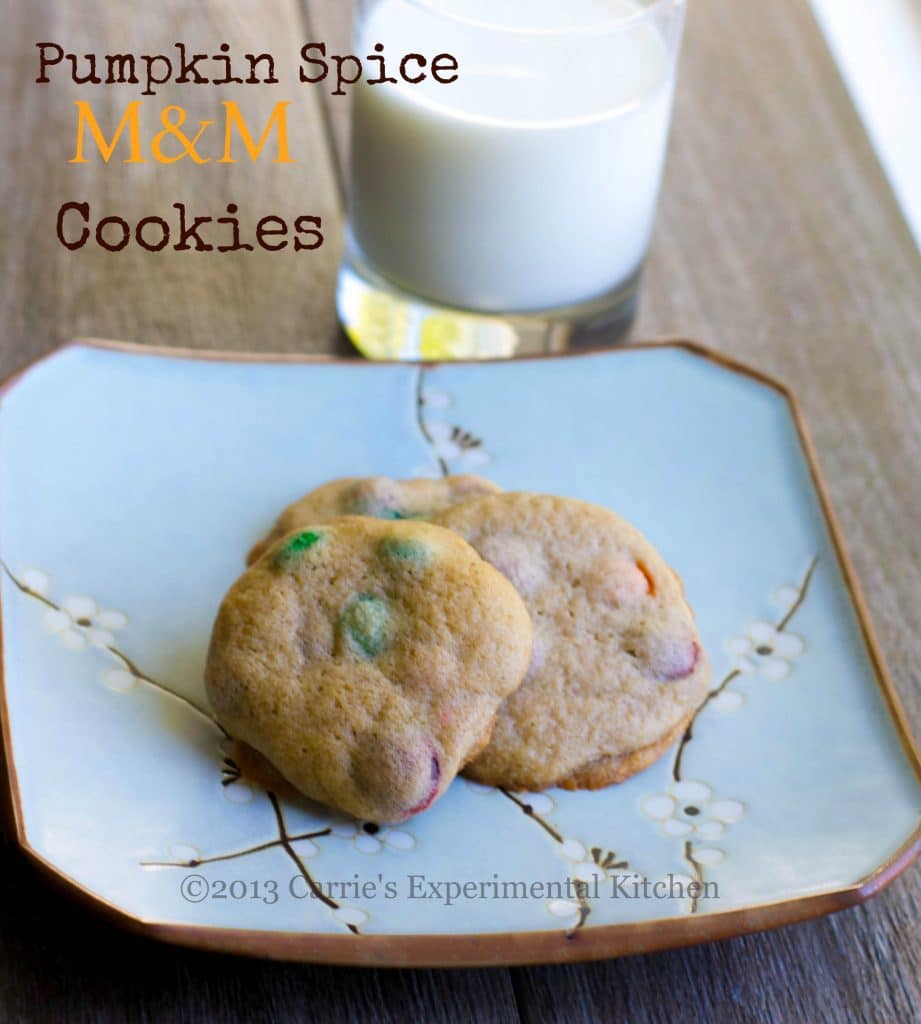 Soft and chewy Pumpkin Spice M&M Cookies go perfectly with a tall glass of milk for an afternoon snack or special Fall treat.