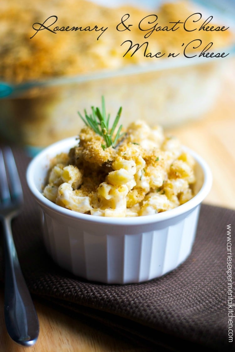 Rosemary and Goat Cheese Mac n\' Cheese in a white dish. 