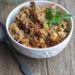 Portuguese stuffing made with chorizo, ground beef, vegetables and stuffing mix is always on our Thanksgiving table.