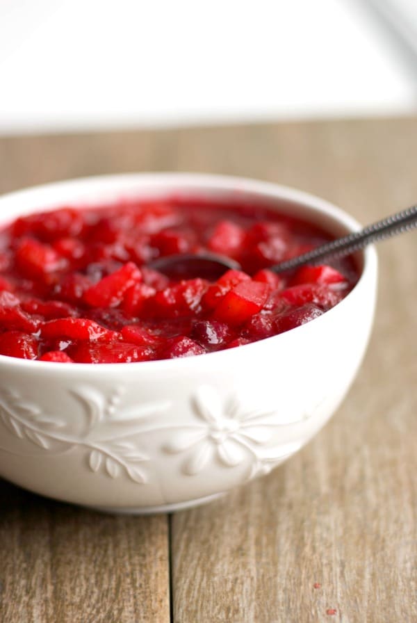 Cranberry Pear Sauce made with fresh cranberries, Bosc pears, white wine, cinnamon and brown sugar is a delightful addition to your Thanksgiving table. 