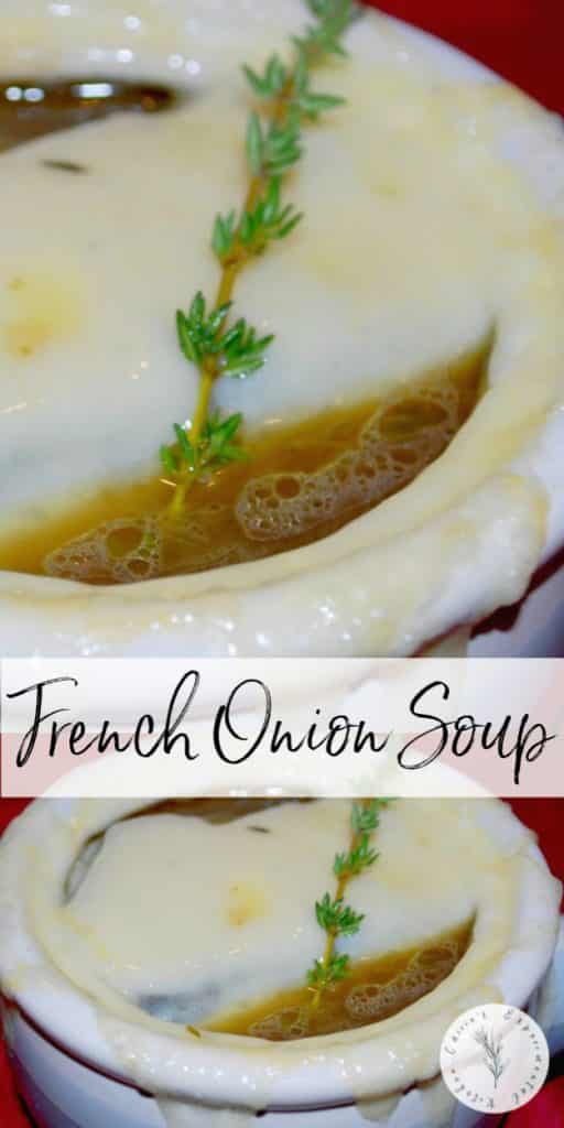 French Onion Soup is a classic soup made with sweet Vidalia onions, beef and chicken broth, cognac and fresh thyme; then topped with melted Swiss cheese.