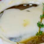 A closeup of french onion soup