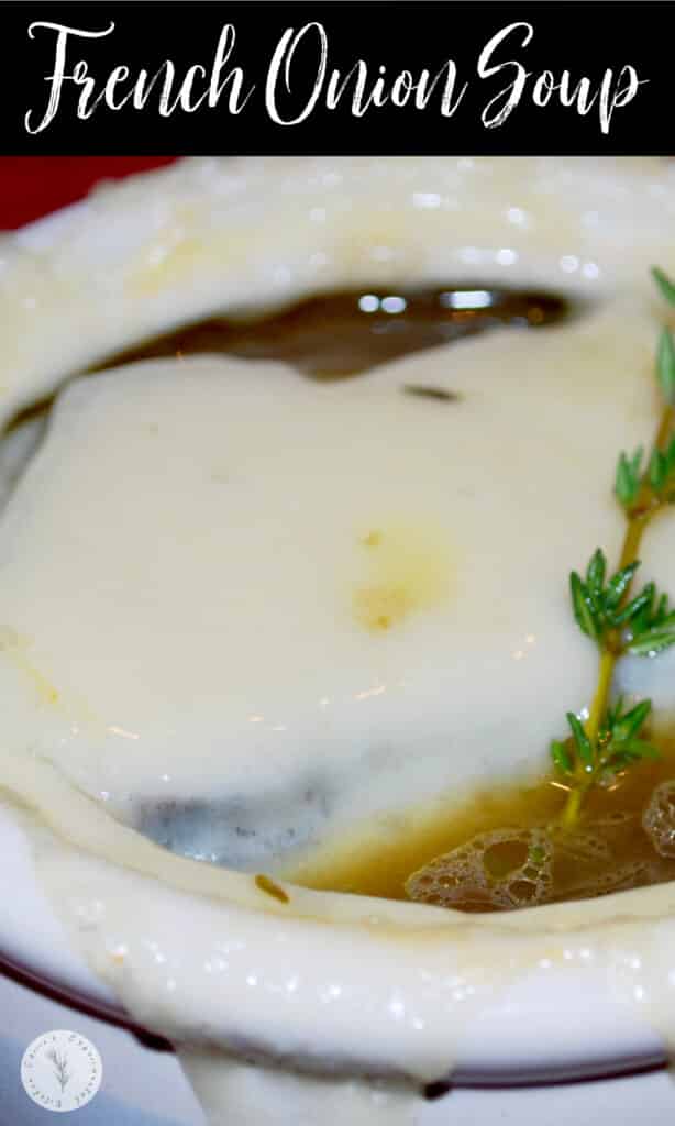 A closeup of french onion soup