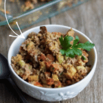 A close up of portuguese stuffing in a bowl