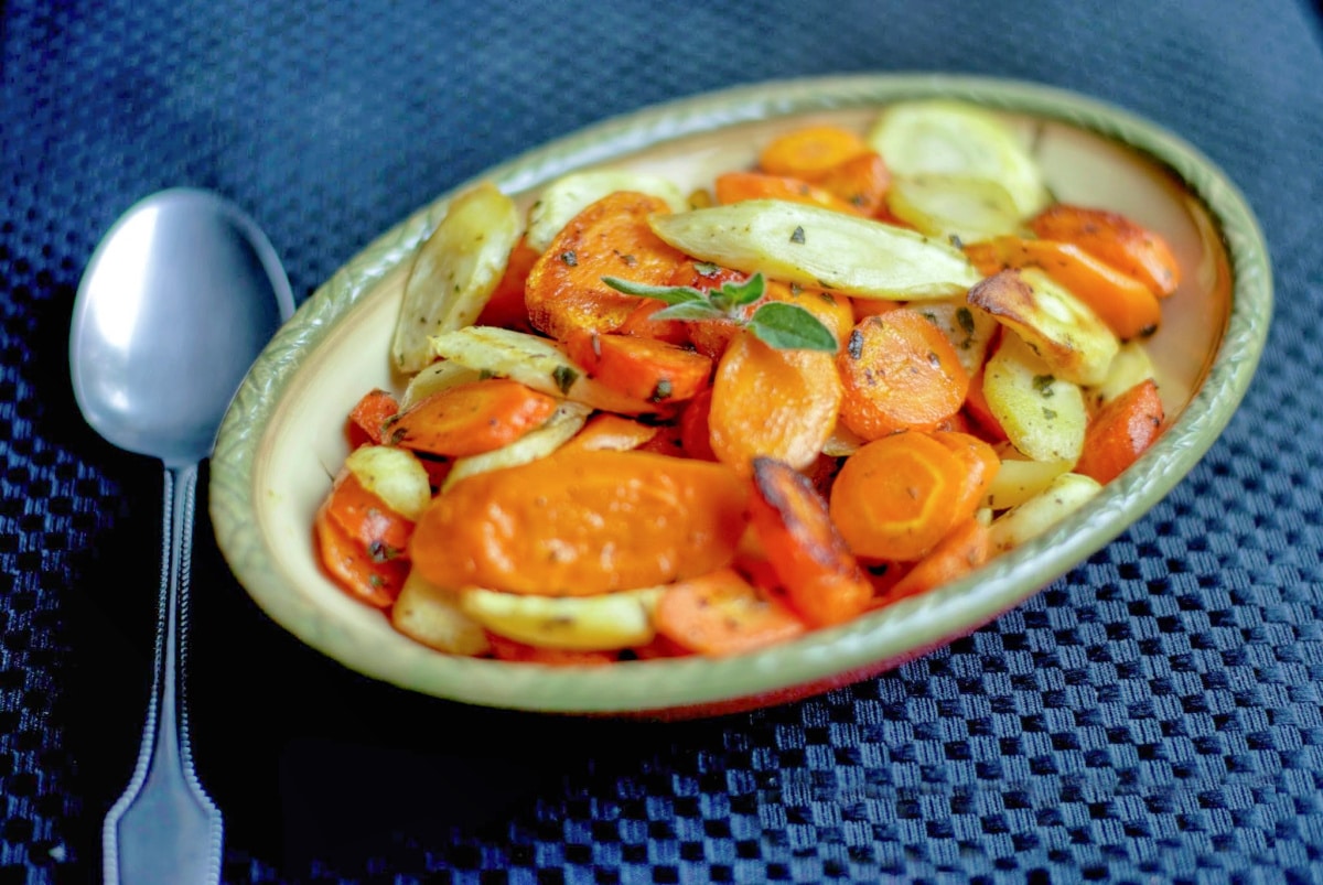 A close up of sliced carrots and parsnips