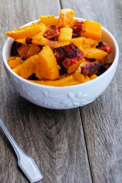 Orange squash in a white bowl